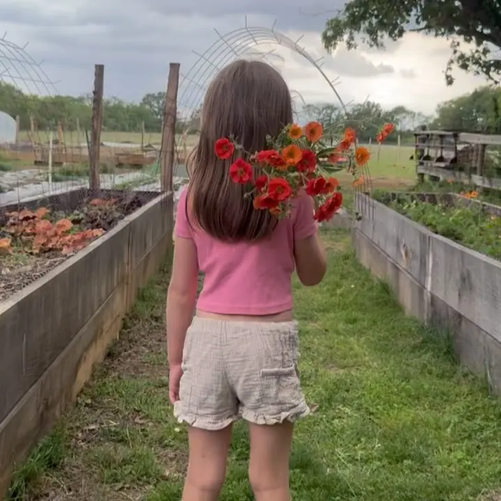 Enfant tenant des fleurs rouges dans les rangs de la ferme florale